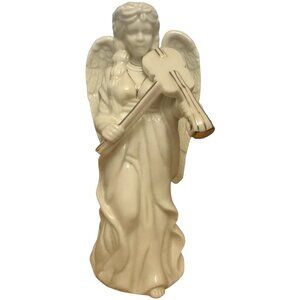 Ceramic Angel Playing Violin Figurine Off White Gold Color Trim 9”
